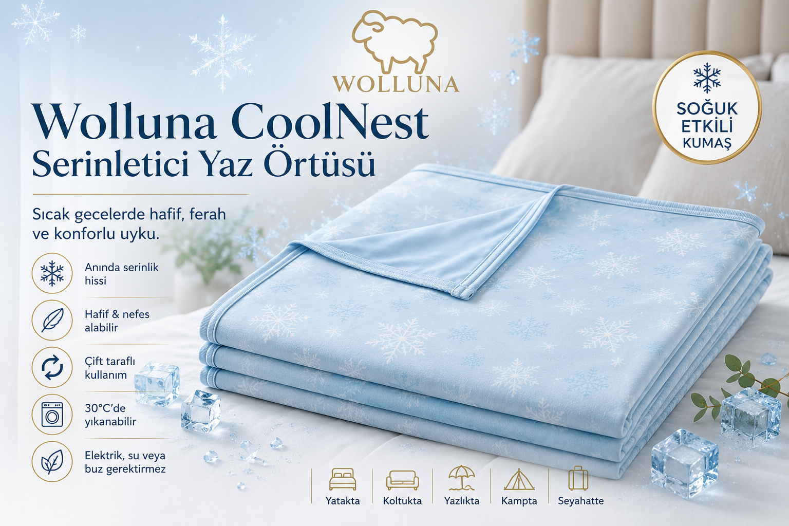 Wolluna CoolNest Serinletici Yaz Örtüsü – Çift Taraflı Soğuk Etkili Uyku Battaniyesi