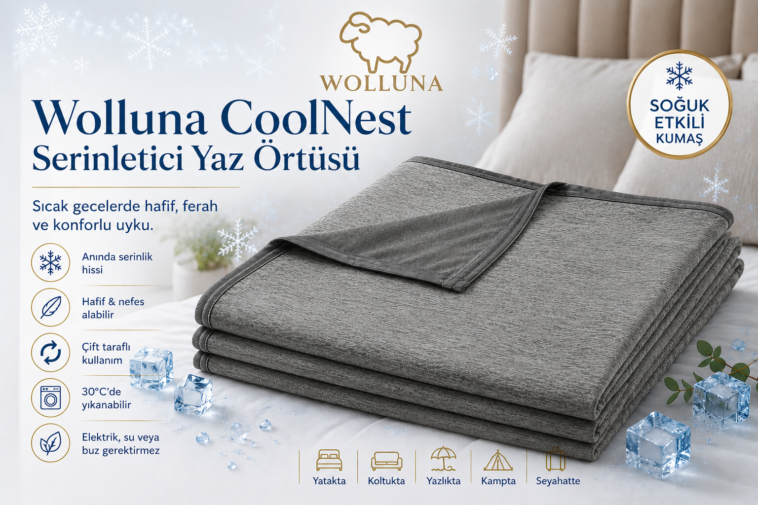 Wolluna CoolNest Serinletici Yaz Örtüsü – Çift Taraflı Soğuk Etkili Uyku Battaniyesi