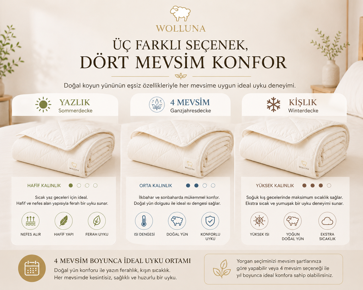 Wolluna Premium Doğal Yün Yorgan – Yazlık, Kışlık ve 4 Mevsim