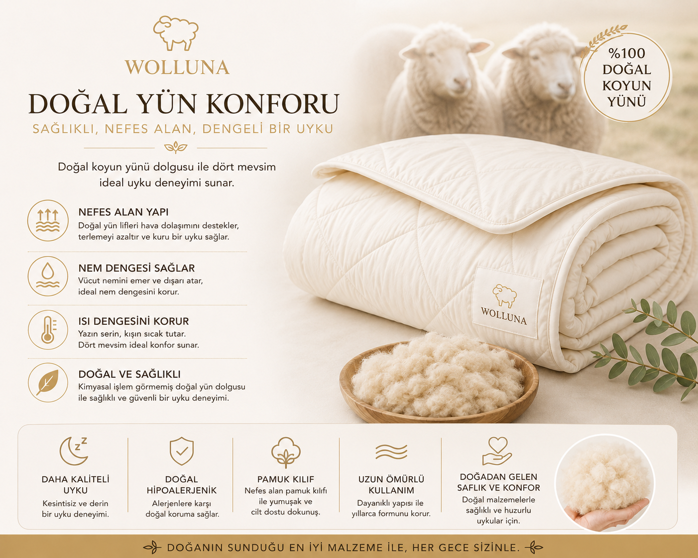 Wolluna Premium Doğal Yün Yorgan – Yazlık, Kışlık ve 4 Mevsim