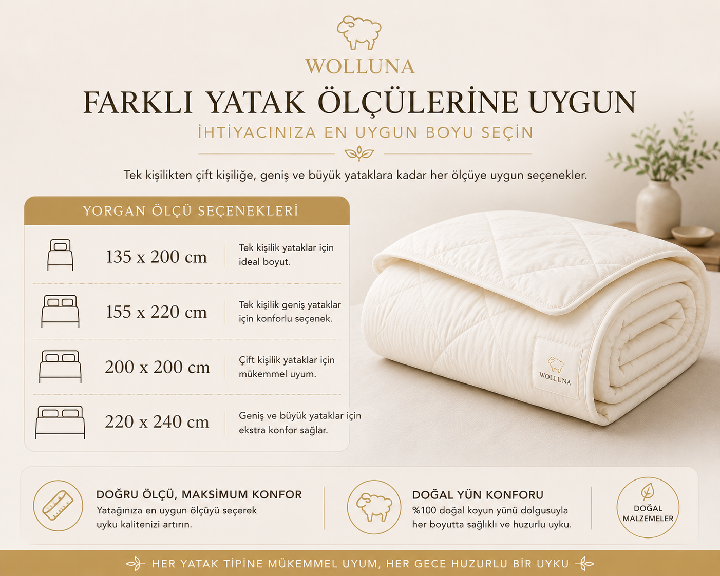 Wolluna Premium Doğal Yün Yorgan – Yazlık, Kışlık ve 4 Mevsim
