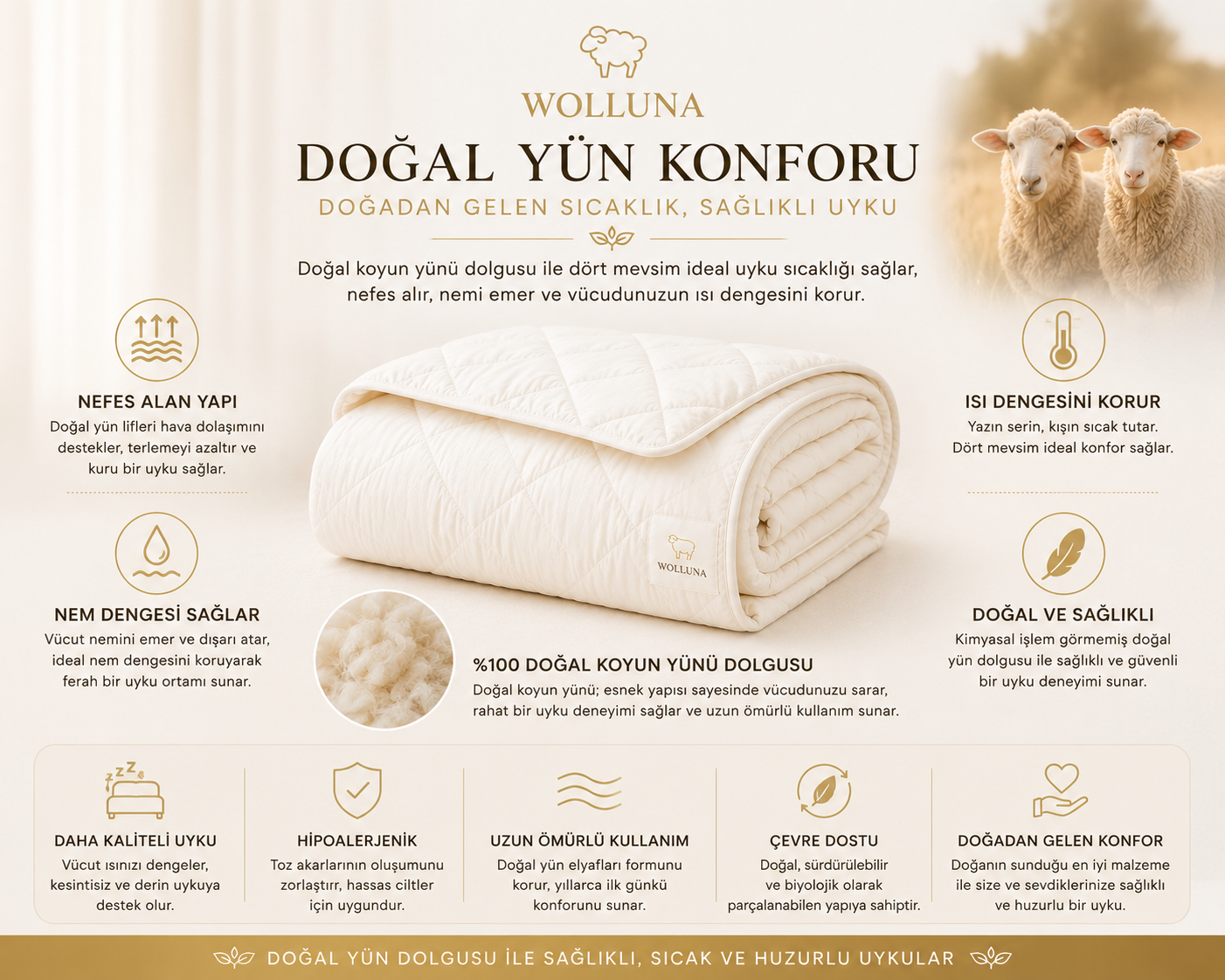 Wolluna Premium Doğal Yün Yorgan – Yazlık, Kışlık ve 4 Mevsim
